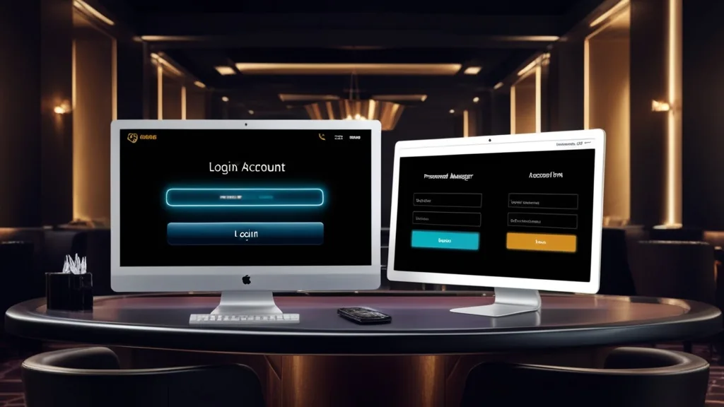 Smartphone und Desktop mit Login-Maske in dunkler Casino-Atmosphäre