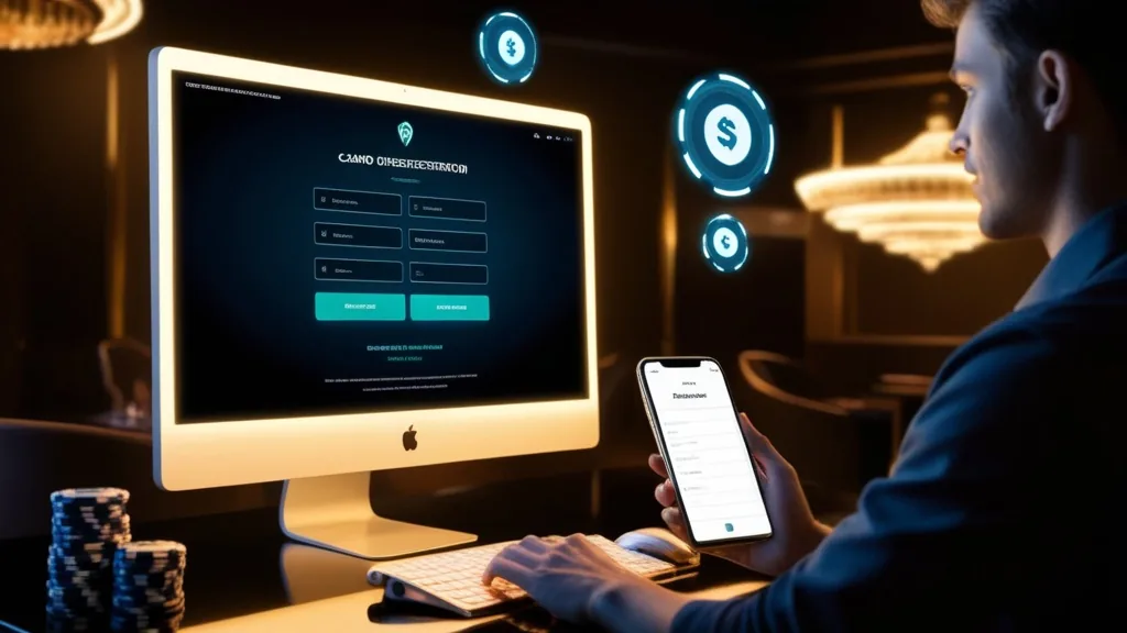 Registrierungsformular auf Desktop und Smartphone in dunkler Casino-Optik