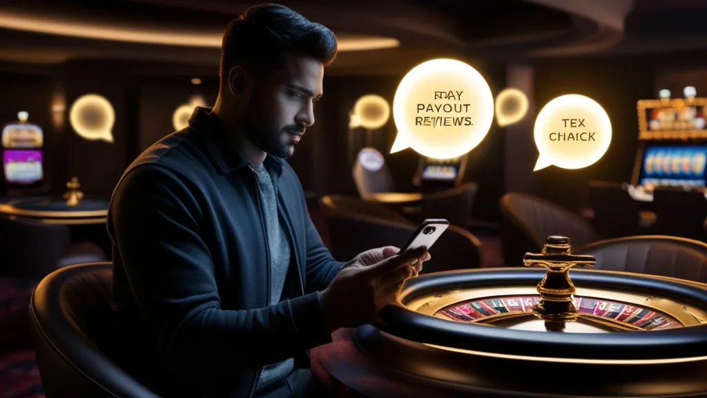 Spieler liest Erfahrungsberichte zur Auszahlung in einer dunklen Casino-Lounge