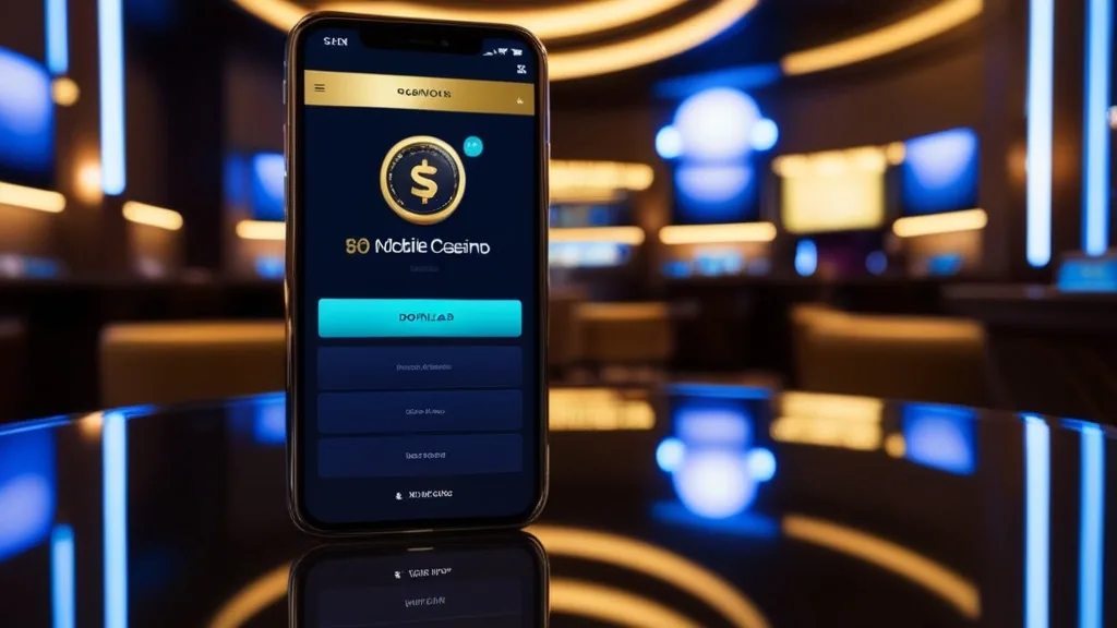 Smartphone mit Casino-Downloadanzeige in dunkler Casino-Atmosphäre