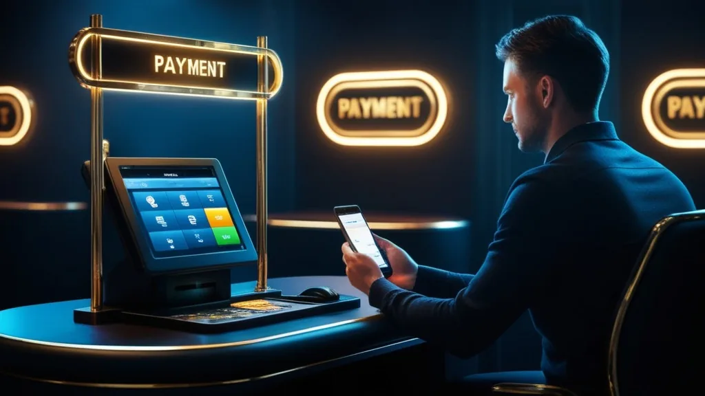Einzahlung im Casino an einem Terminal mit Smartphone und Zahlungsoptionen