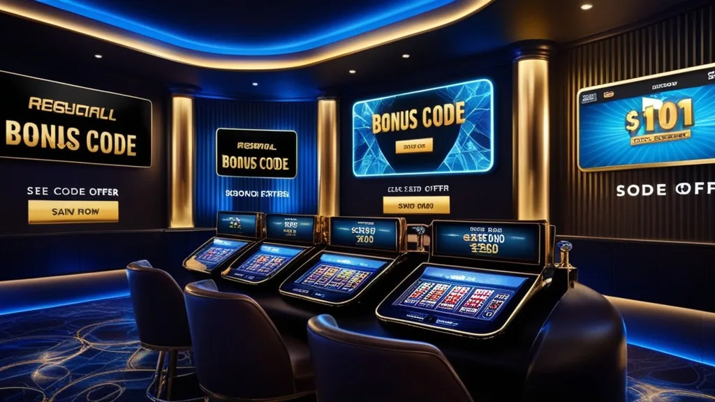 Casino-Lobby mit Bonuscode-Anzeige und leuchtenden Promo-Bannern